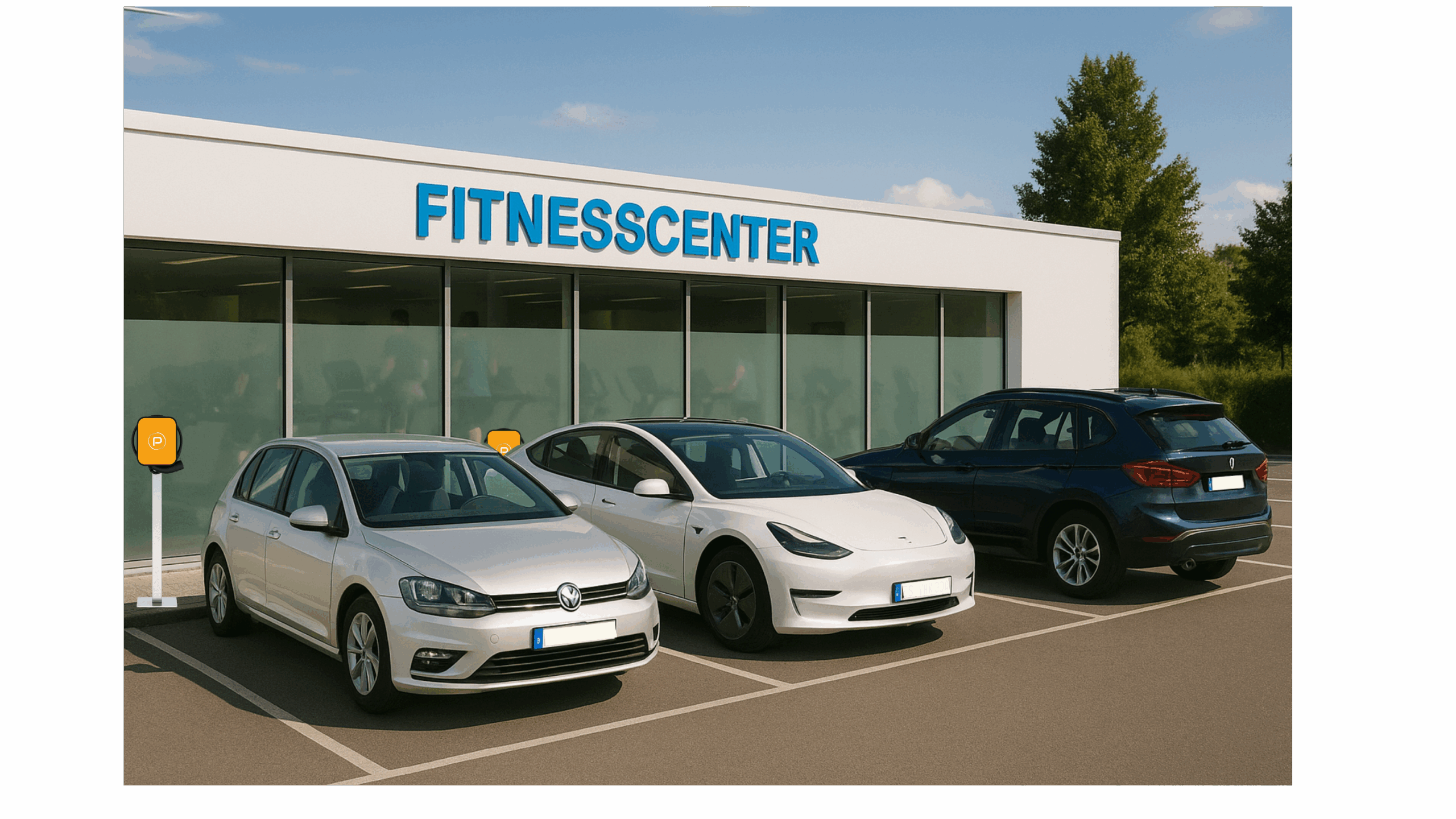 Parkplatz vor einem weißen Fitnesscenter mit blauer Schrift, drei Autos und zwei E-Ladestationen, im Hintergrund Fitnessgeräte durch Milchglas sichtbar.