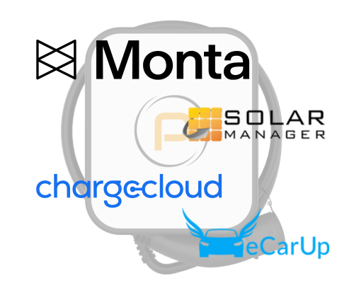 Charge S Wallbox mit Logos/Icons von Monta, SolarManager, Chargecloud und eCarUp — Visualisierung verschiedener OCPP-Integrationen